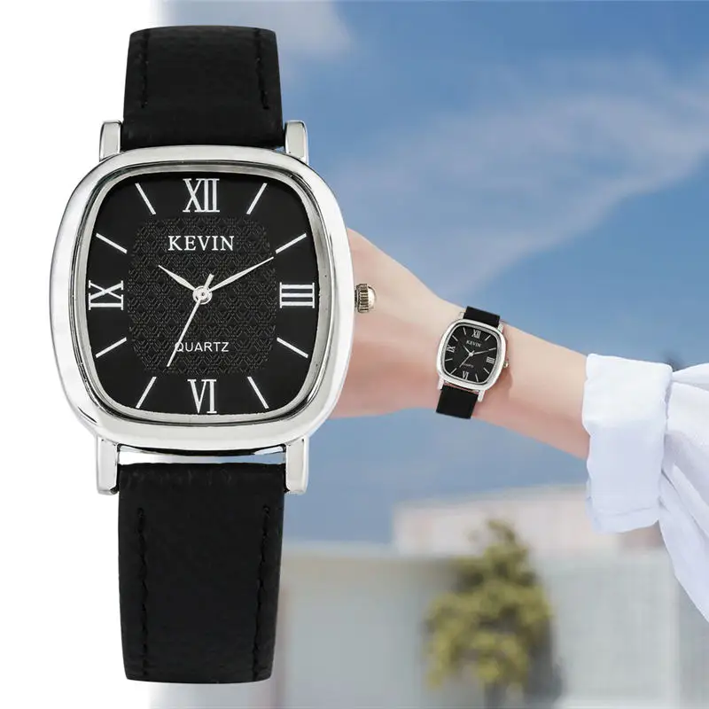 

KEVIN Square Quartz Watch Couple Watches Soft Learher Strap Roman Numerals Dial Buckle Wristwatch for Men Women Relojes Pareja