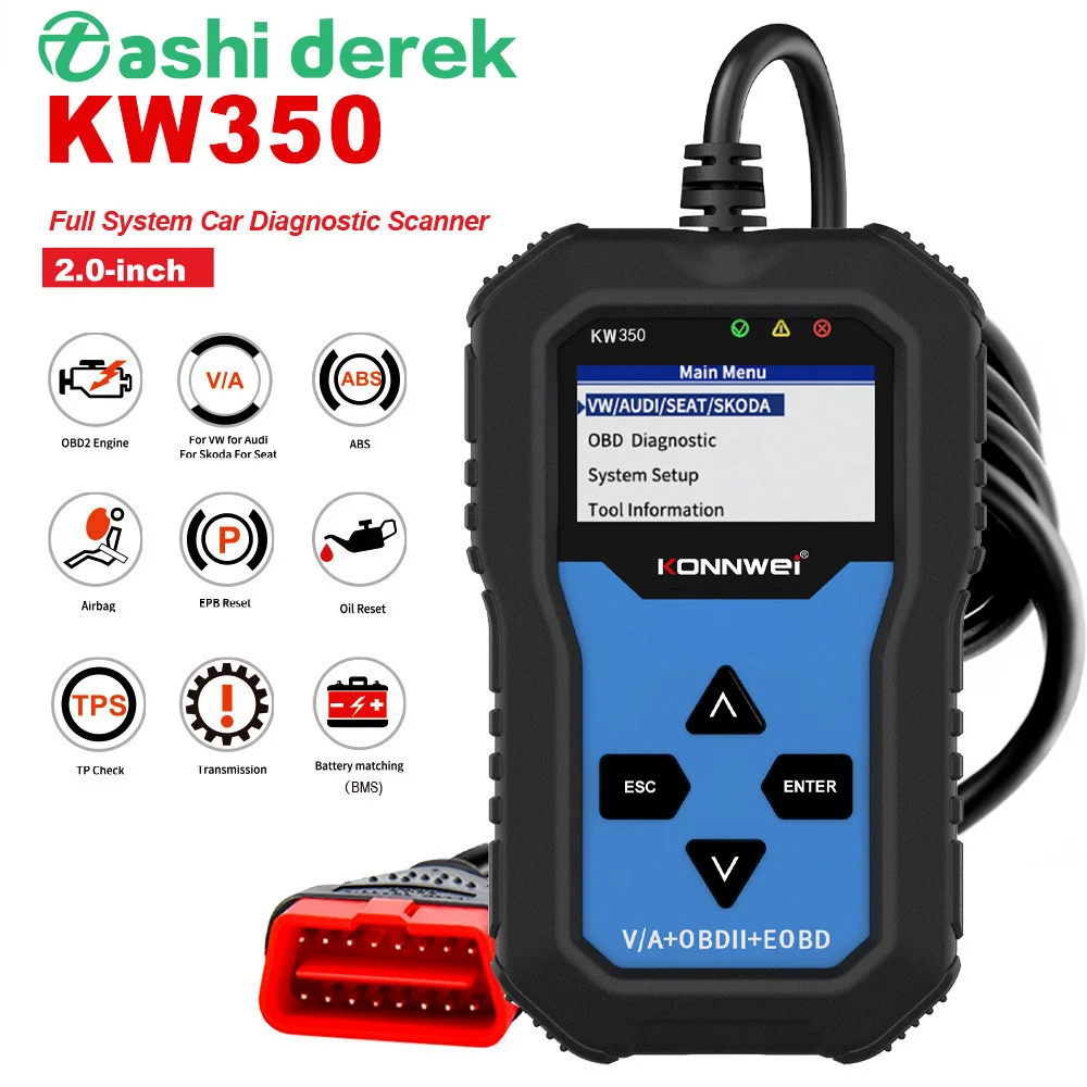 

Диагностический сканер KW350OBD2, инструмент для диагностики неисправностей, с ABS подушкой безопасности