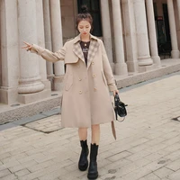outerwear spring autumn windbreaker fashion england style women trench coat double breasted long duster coat plaid patchwork