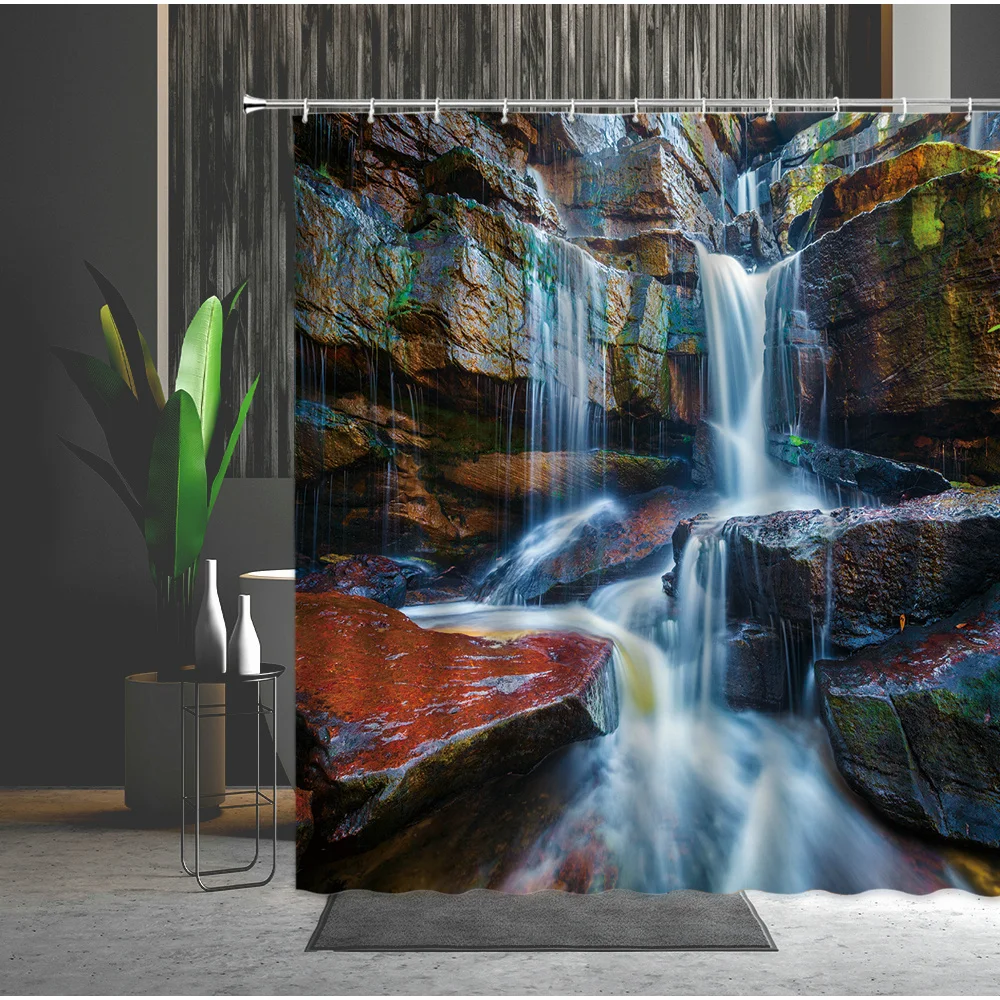 

Natural Scenery Shower Curtain Forest Waterfall Pattern Bathroom Partition Waterproof Cloth Hanging Curtains With Hooks