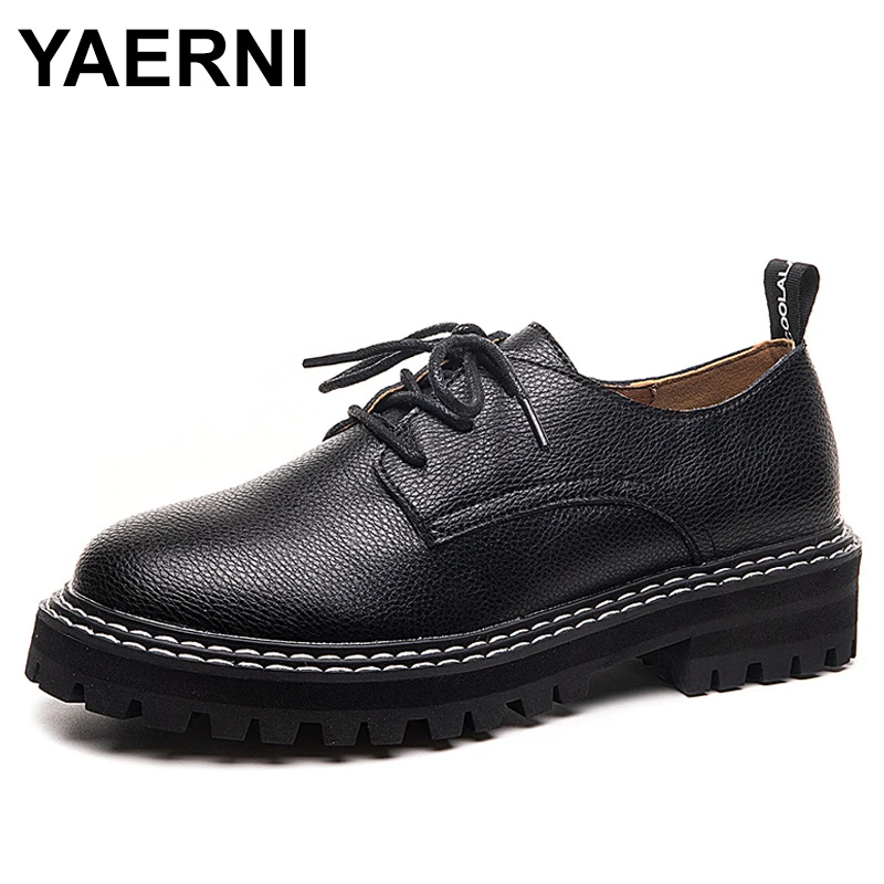 

YAERNIWomen Leather Shoes 2020 New British Style Lace Up Luxury Moccasins Platform Shoes Women Designers