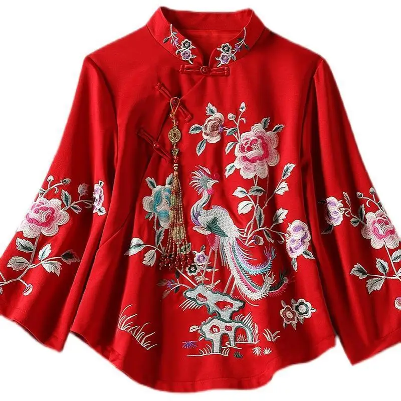 Традиционные женские топы Hanfu с вышивкой Феникс Женский Топ в китайском стиле