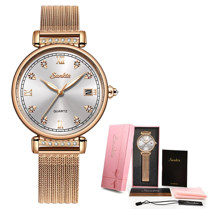 Rose gold white SUNKTA, женские часы из розового золота, кварцевые часы для девушек, Лидирующий бренд, роскошные женские часы, женские часы, Relogio Feminino+ коробка - Цвет: Rose gold white
