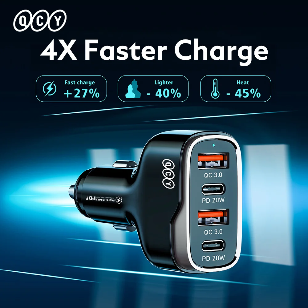 

QCY Car Charger 4 Ports PD Fast Charger Charging Quick Charge 3.0 Type C Charger QC 3.0 For Samsung Huawei Xiaomi iphone
