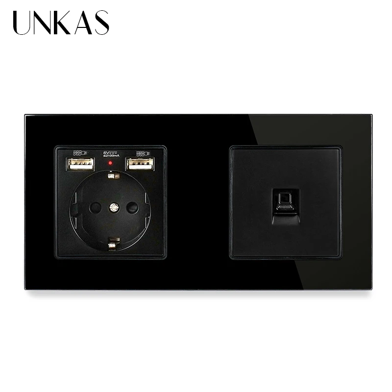 UNKAS электрическая розетка со стеклянной панелью европейского стандарта с 2 USB + 1