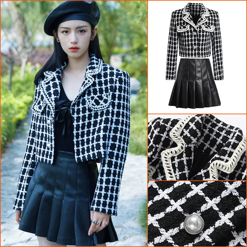 

У Чжоу также есть тот же маленький осенний Повседневный женский костюм, женское твидовое пальто, плиссированная юбка, Женский костюм из дву...