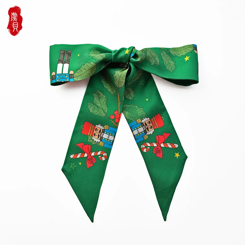 

Green natural silk long scarf women nutcracker soldier hair band narrow scarves small neckerchief summer headband ribbon spring