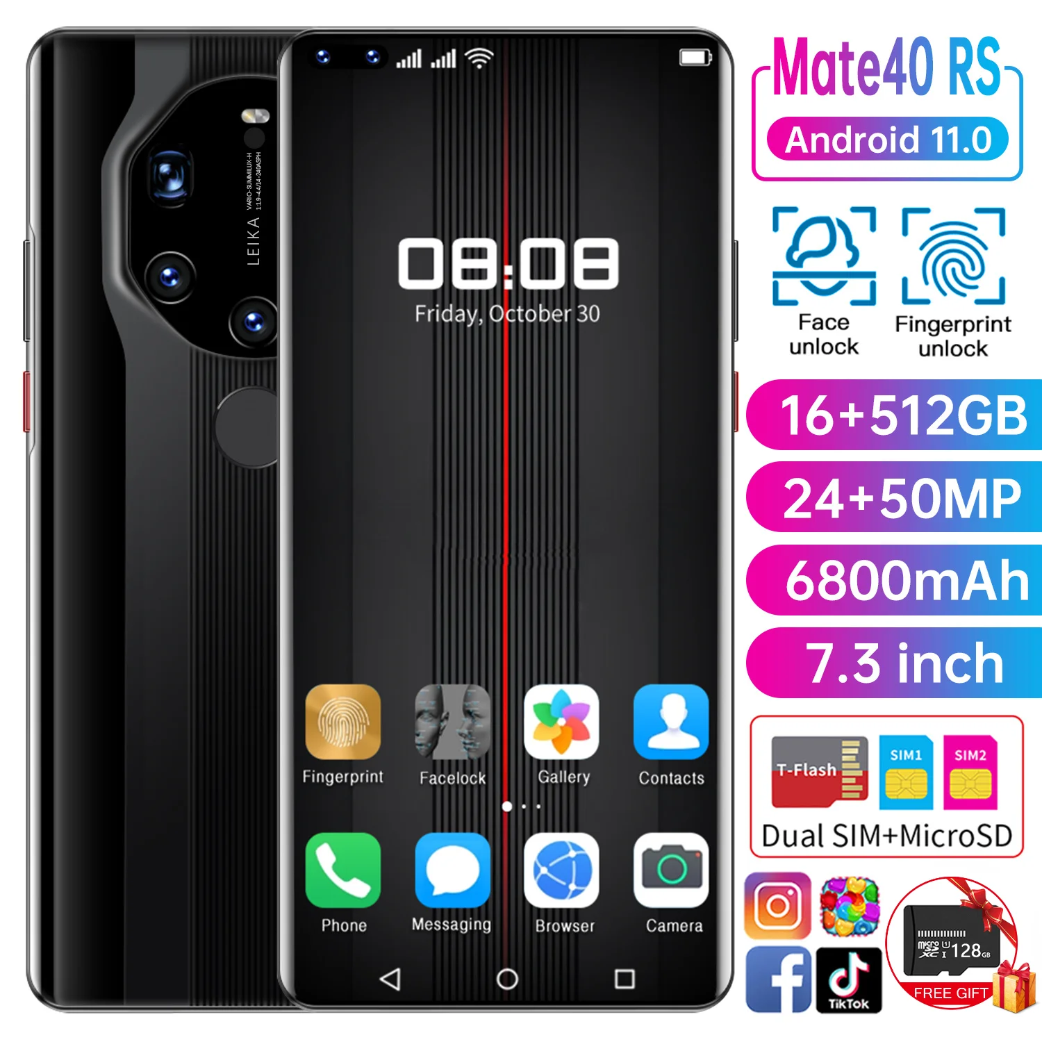

Global Version 7.3inch Ture Fingerprint Unlock 5G Smartphone with 16GB+512GB for Huawei Mate40 RS Cellphone Samsung Mobile Phone