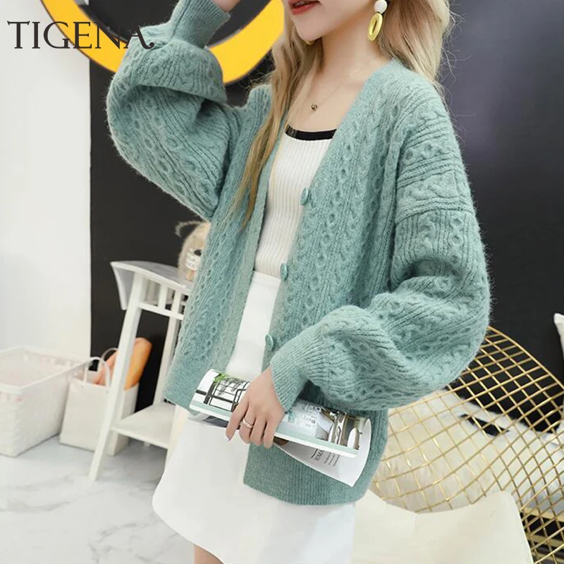 TIGENA Loose Long Sleeve Cardigan Women 2019 Autumn Winter Korean Kawaii Cute Female Knitted Jacket Pink Blue |