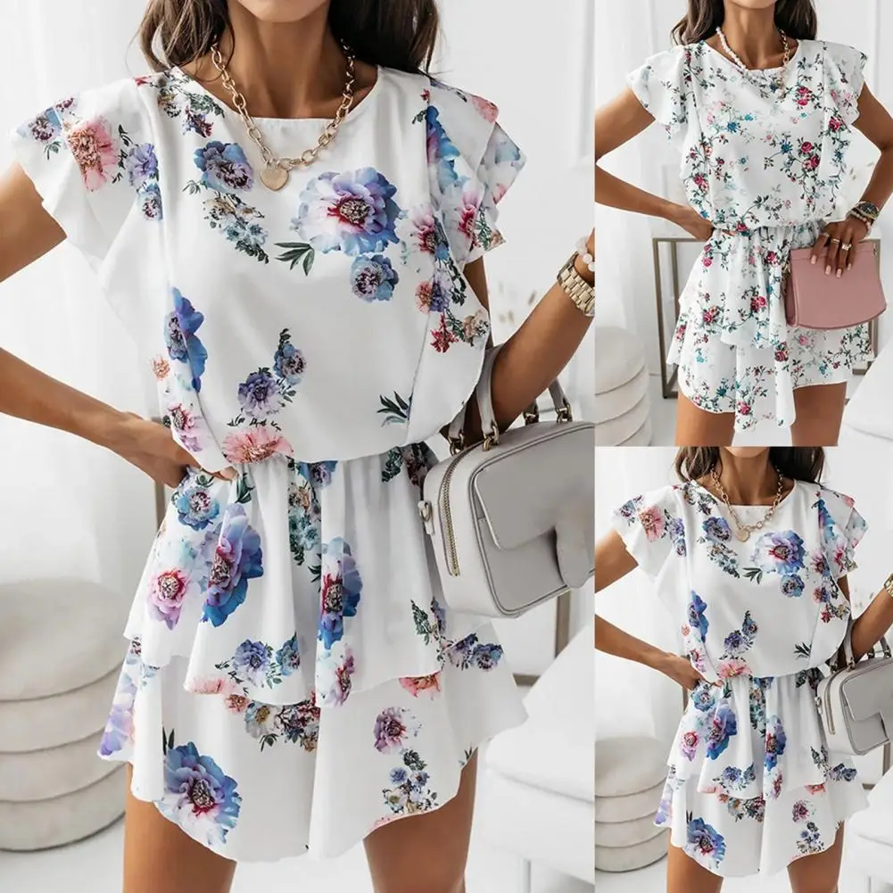 

Hot Sales Women Floral Print Mini Doule Layer Ruffles Sleeveless Summer Dress Sundress for Beach