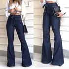 Для женщин однотонные Цвет длинные голубые джинсы пояс на шнуровке Высокая Талия расклешенные длинные брюки для весны и лета износа