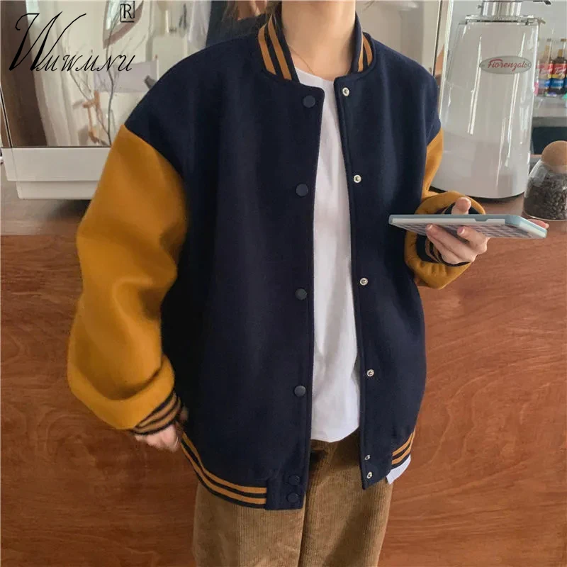 

Куртка-бомбер женская в стиле пэчворк, уличная одежда в винтажном стиле, свободная повседневная теплая бейсбольная куртка из смесовой шерс...