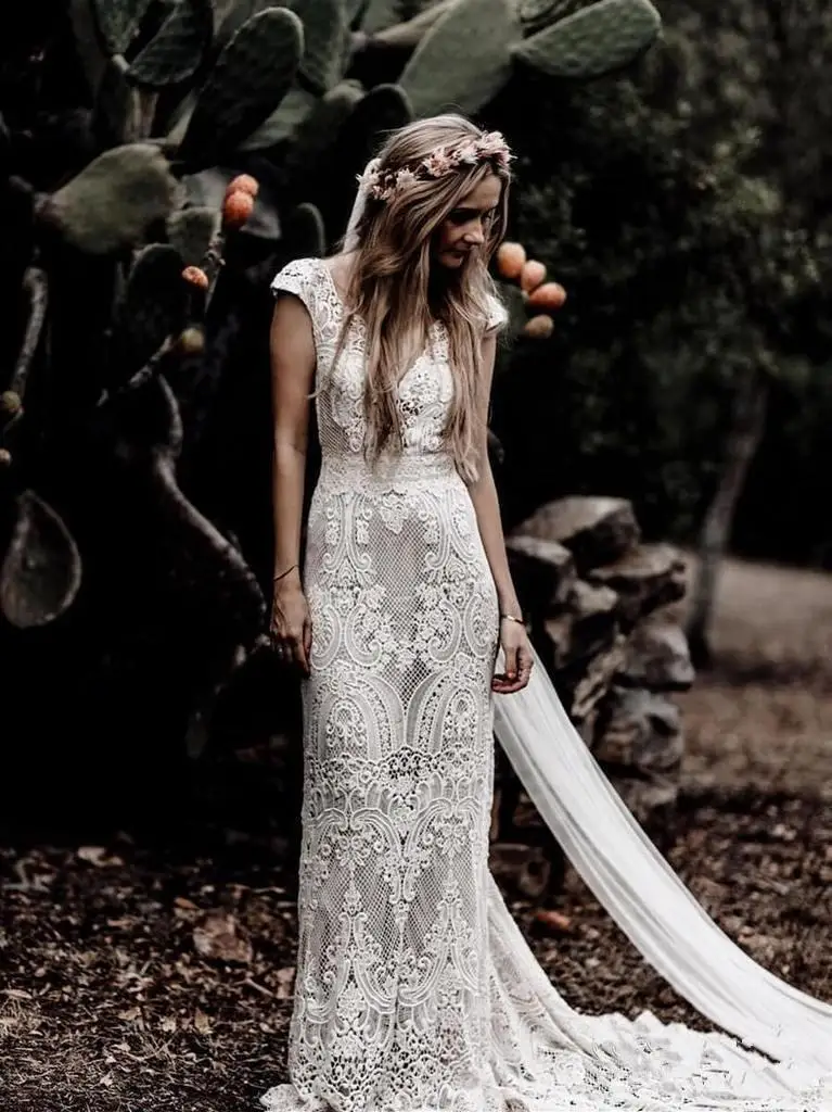 

Country Boho Wedding Dresses crochet Lace V Neck Cap Sleeve 2020 Mermaid Bridal Gowns Sweep Train Backless Robe De Mariee