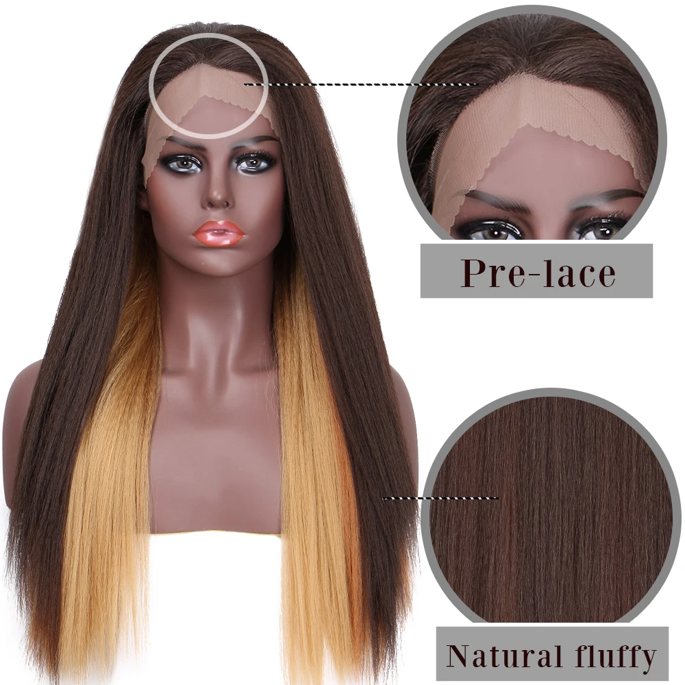 

SUe EXQUISITE Ombre Blonde Brown Wig Yaki Middle Part Long Straight Synthetic Lace Front Wigs Heat Resistant for Black Women