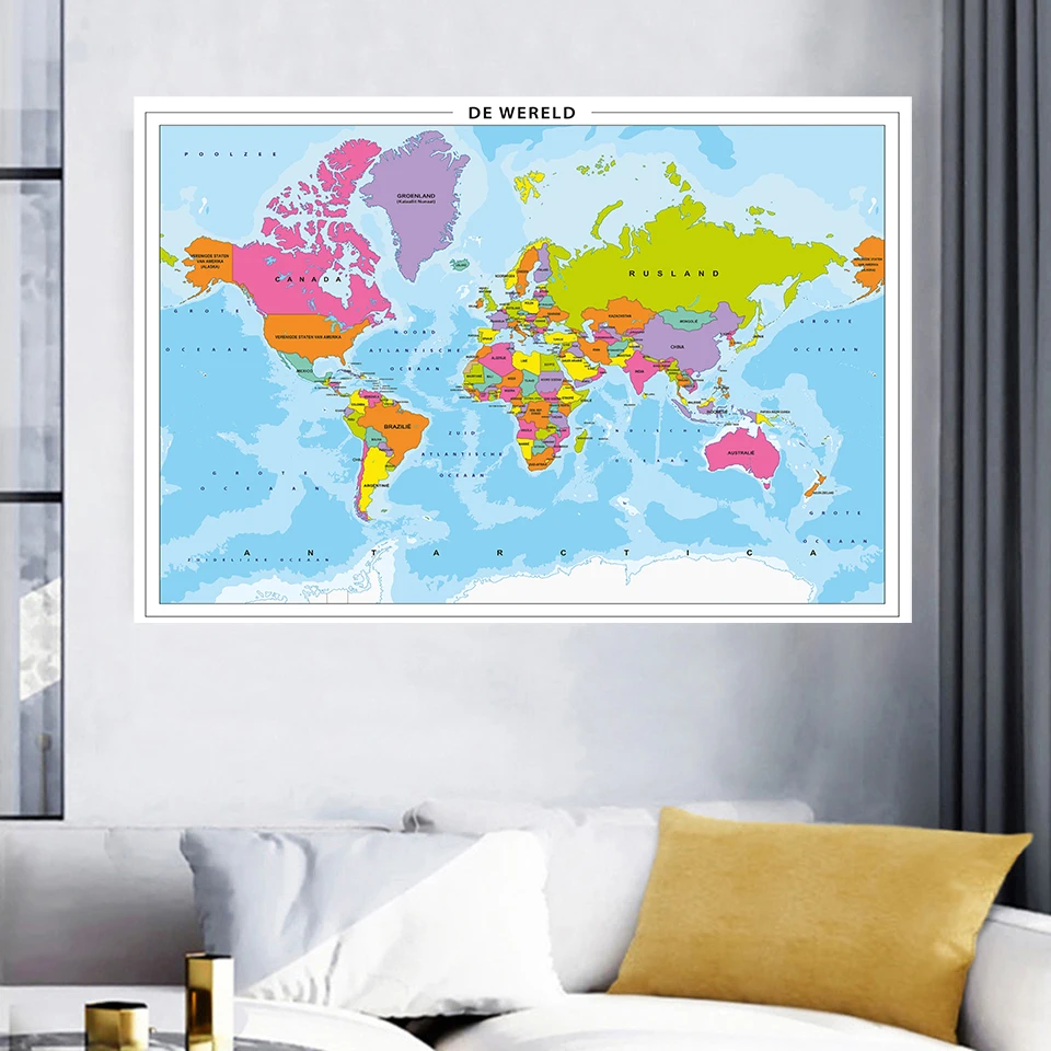 

225*150cm Political Map of The World In Dutch Large Wall Poster Non-woven Canvas Painting Home Decor Children School Supplies
