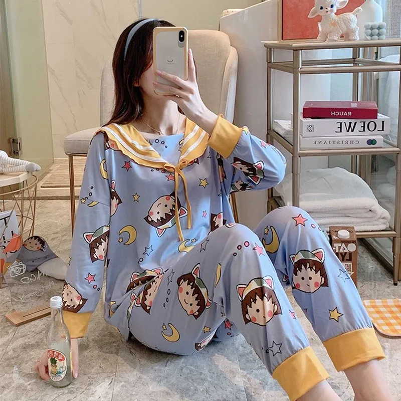 

Seeslim Chibi Maruko Sleepwear Women Homewear Winter Long Sleeve Pullover Pajamas Set Women's Home Clothes Night Wear Suits 2021