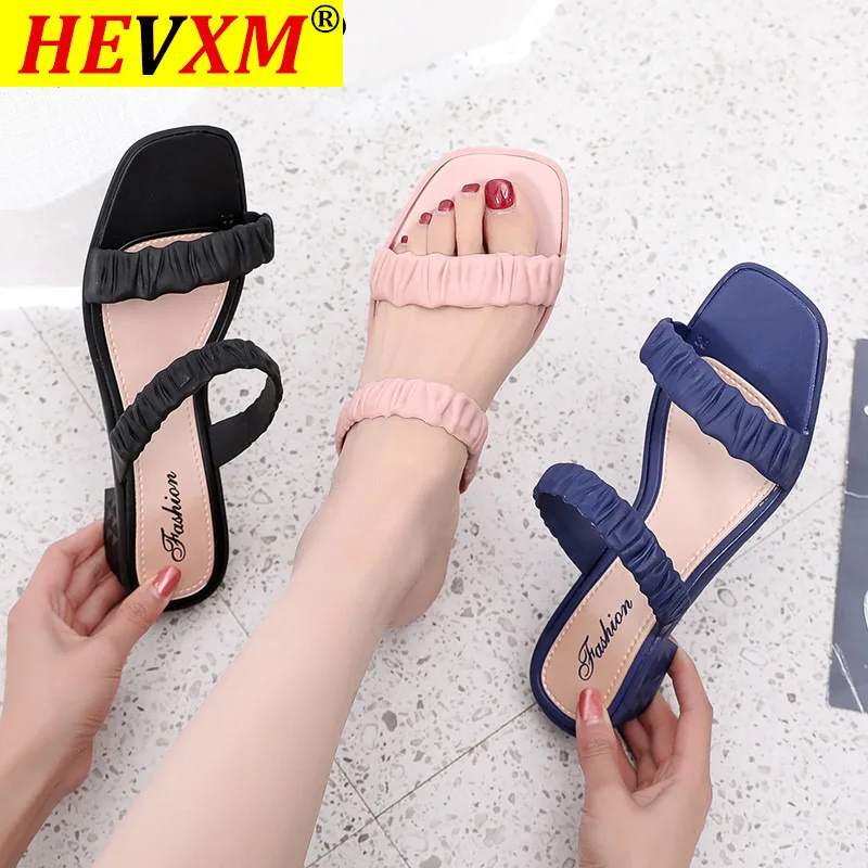 

2021 Women's slippers for summer wear, soft bottom, low-heeled open-toe, one-word sandals and slippers