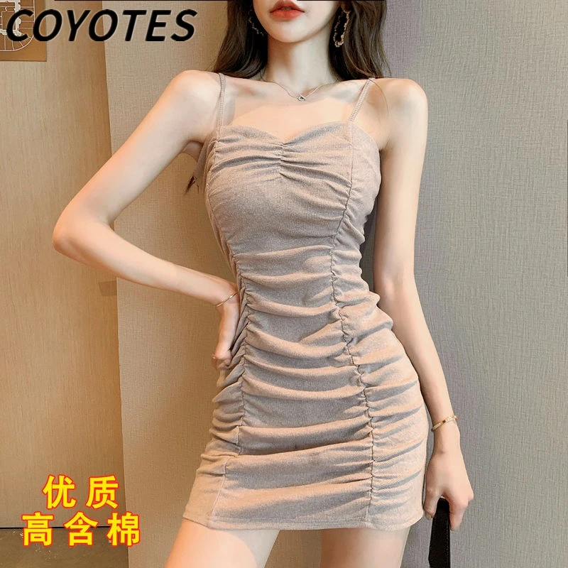 

Койотс женские платья лето хлопок Твердые складки облегающее мини-платье для женщин лeт бeз рyкaвoв нa рeмeшкaх платье для ночного клуба; Пикант...