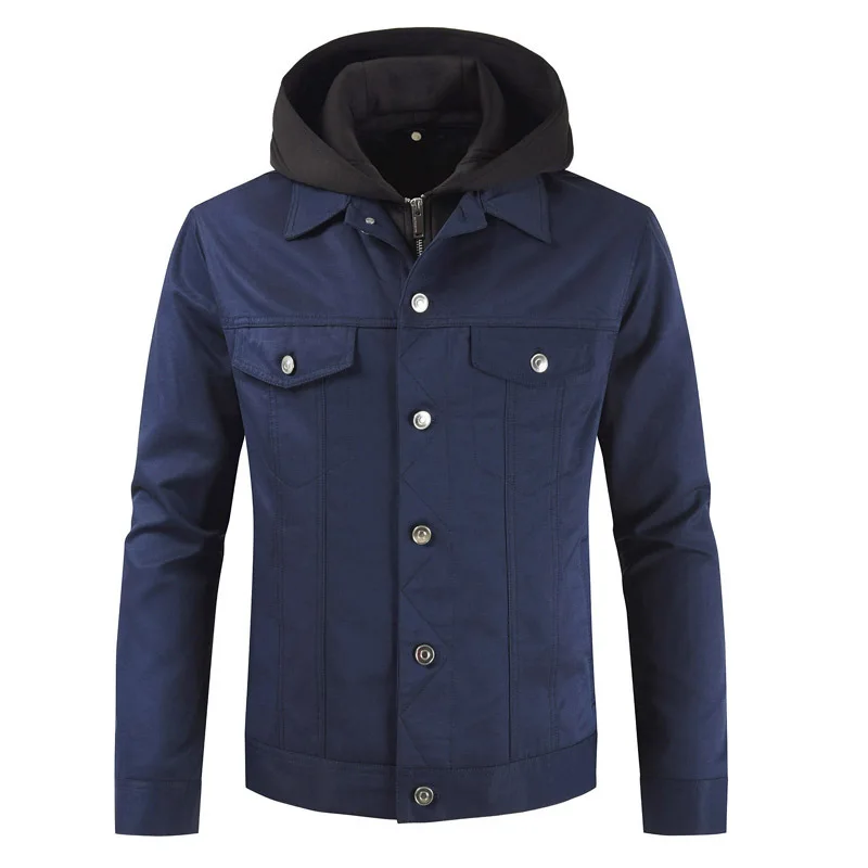 

2020 autumn and winter new men's detachable hat collar single-breasted casual jacket youth lapel casual jacket