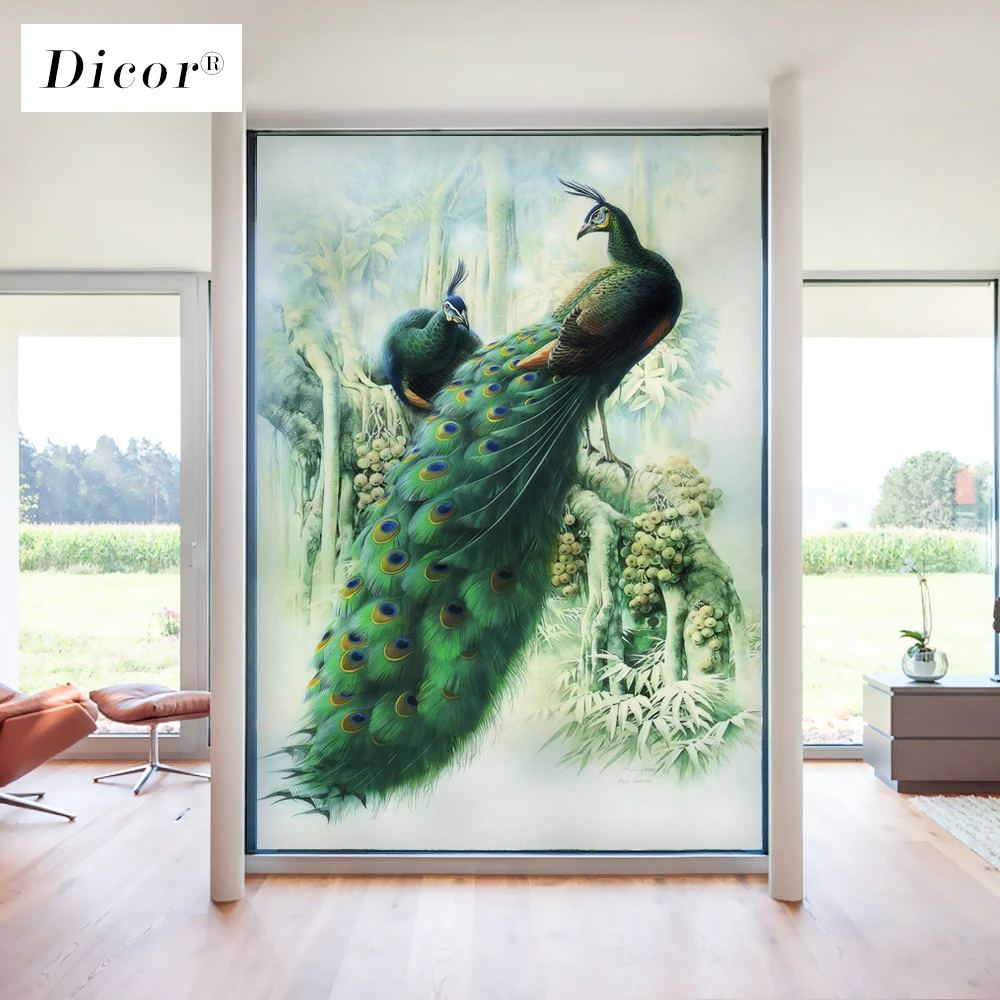 Красивая наклейка на окно с изображением павлина дикора матовая непрозрачная