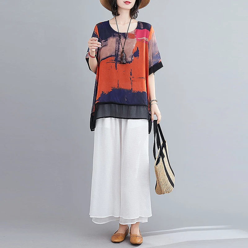 

Women Summer Chiffon Short Sleeve Tee Wide Leg Ankle Length Pant France Romantic Elegant Two Pieces A-Line Loose Casual Twinsets