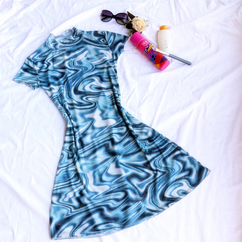 

2021 Summer Kpop New Personality Abstract Printing Slim Women Dress Slimming Short-sleeved Short Dress Dropshipping