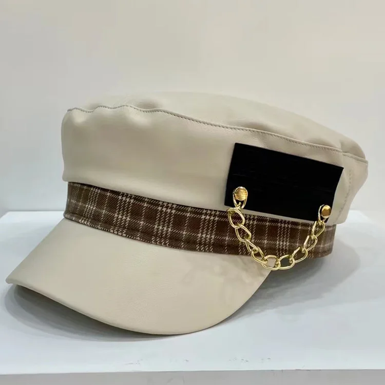 

202108-2509204 Осенняя клетчатая цепочка искусственная кожа модная женская восьмиугольная шляпа мужская женская кепка с козырьком