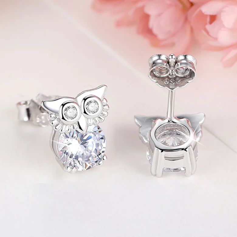 

Dainty Female Crystal Owl Stud Earrings Classic Silver Color Small Earrings For Women Trendy Bride White Zircon Wedding Earrings