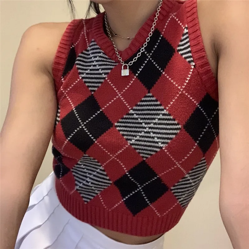 

2020 Autumn Women's y2k Crop Sweater Knitted Argyle Vest Pullover Sleeveless v Neck Ladies Harajuku Clothing Solid Vogue Sweater
