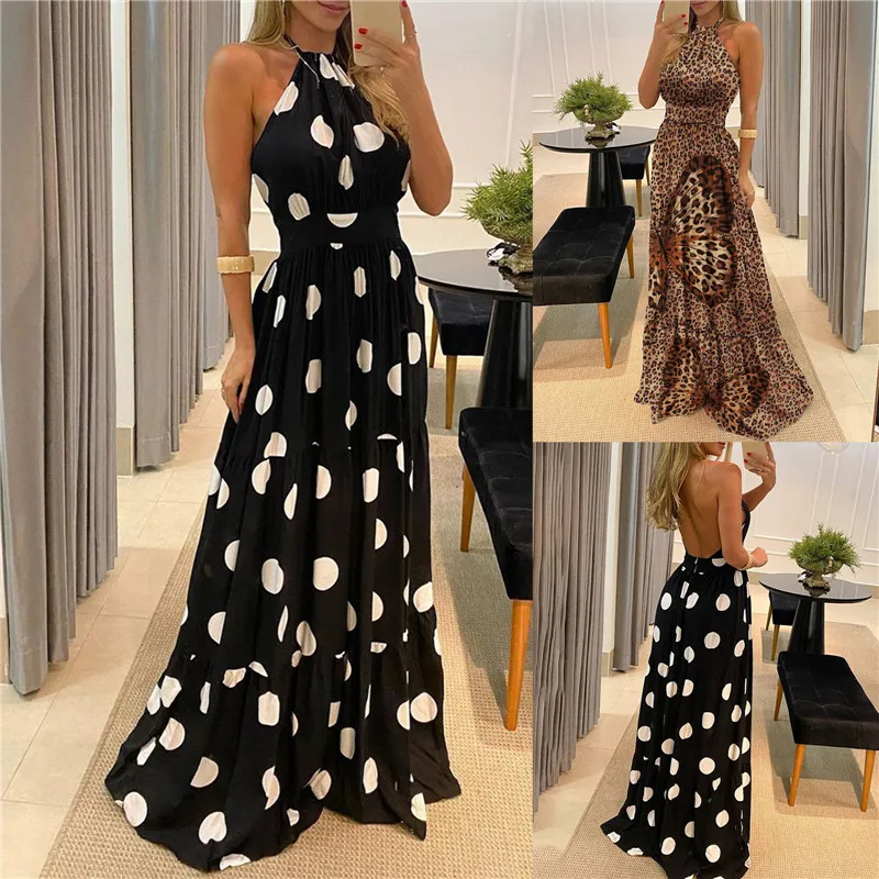 

Summer Maxi Long Party Dress Women Halter Neck Vintage Sleeveless Leopard Butterfly Print Boho Sexy Beach Robe Dress Vestidos