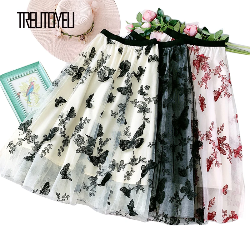 

Летняя кружевная юбка-макси Treutoyeu с аппликацией бабочки, длинная юбка в сказочном стиле, трапециевидные сетчатые юбки для женщин, 2020