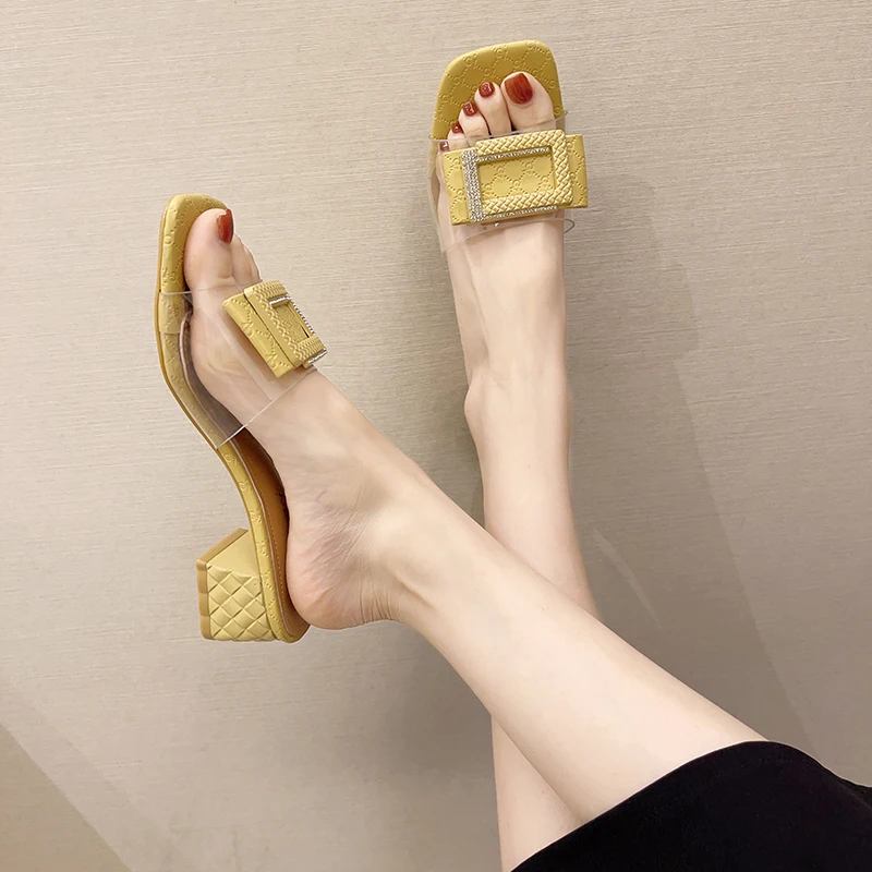 

Square heel Shoes Med Slippers Soft Slides Fashion Slipers Women Block Comfort Luxury Summer 2021 Rome Rubber Hoof Heels PU