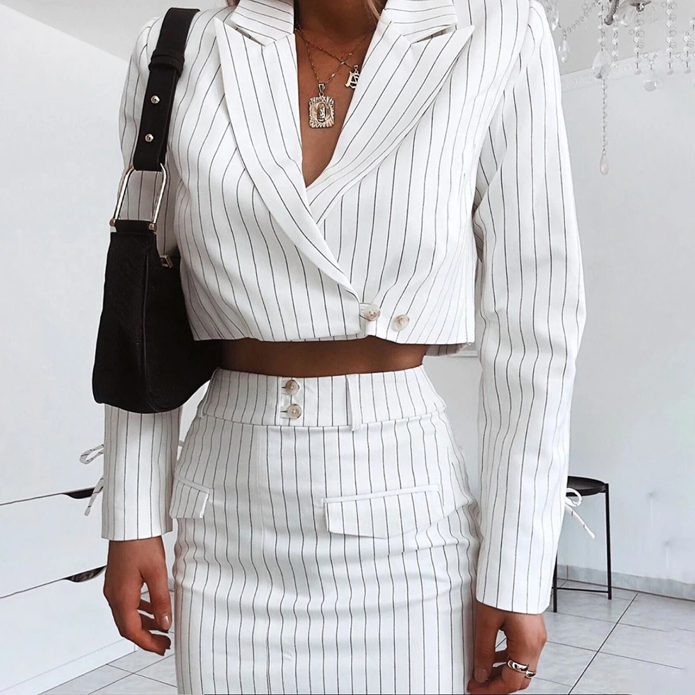 Женская классическая белая полосатая укороченная Блейзер длинный рукав
