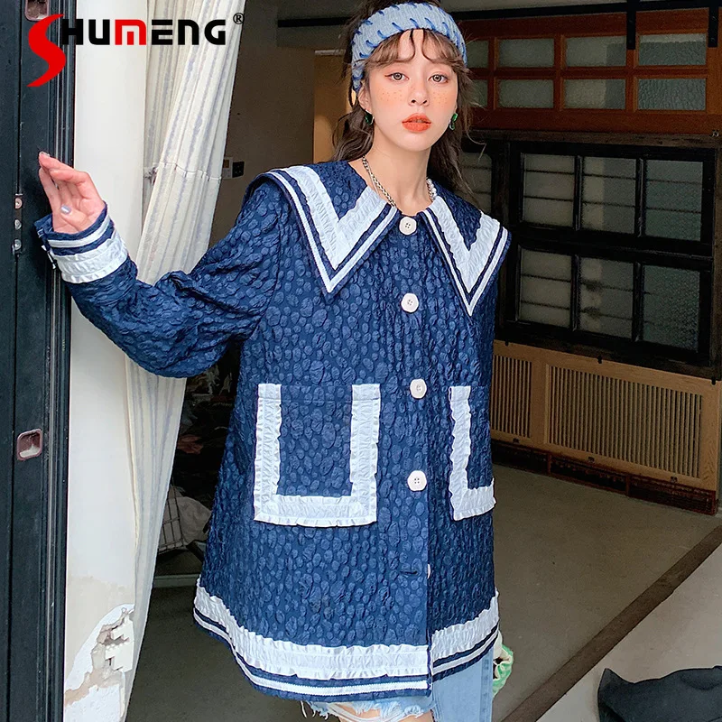 

Fashion Retro Navy Collar Long Sleeve Shirt for Women 2021 Autumn New Sweet Jacquard Loose-Fitting Shirt Ladies