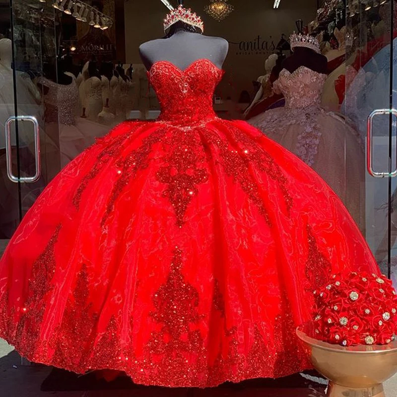 

2021 Red Sweet 16 Quinceanera Dress Sequined Sparkly Lace Pageant Party Ball Gown Mexican Girl Birthday Vestido 15 Anos BM728