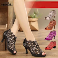 new latin dance shoes for adult women with medium heel high heel and diamonded black summer sandals square more color style