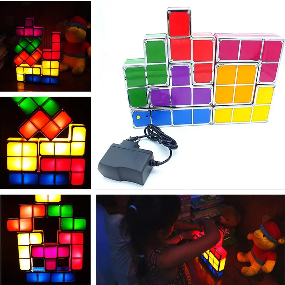 DIY Tetris Puzzle Light Stackable LED Desk Lamp Constructible Block Night 3D Retro Game Tower Baby Colorful Brick Toy | Освещение