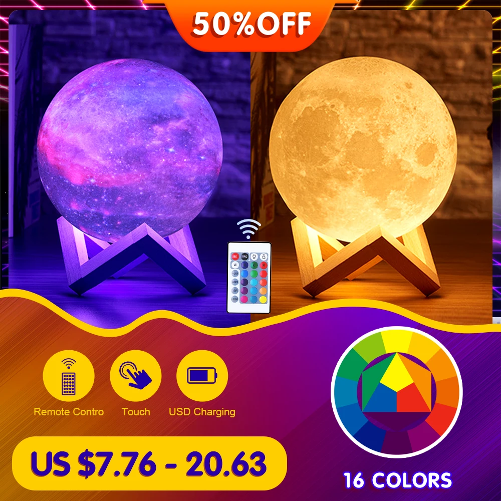 

Moon Lamp Night Light 3D Print Moonlight Rechargeable Color Change Touch 16 Colors Moon Lamp For Kids Room Desk Lamp Home Decor