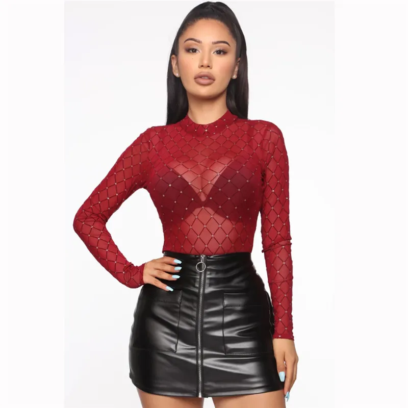 

Sexy Women Mesh See Through Diamond Bodysuit Jumpsuit Plaid Long Sleeve Bodycon Bodysuit Club One Piece Leotard Romper Jumpsuit