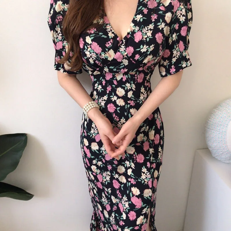 

Vintage Chic Sweet High Waist Lace Up Slim Dress Women Korean Elegant V Neck Puff Short Sleeve Sexy Split Floral Dresses Summer