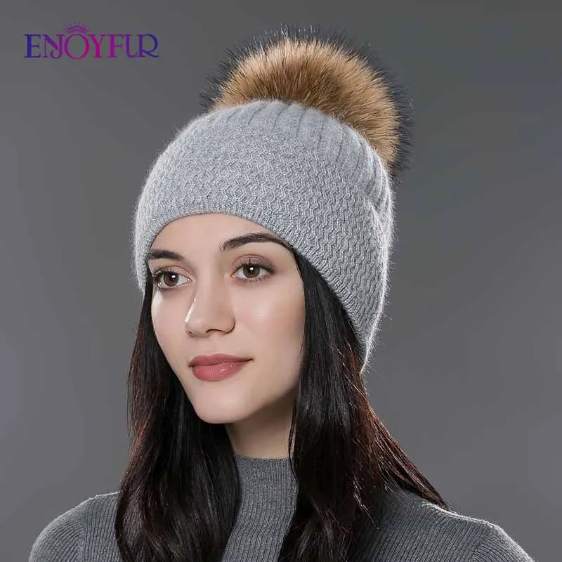 Женская шапка с помпоном ENJOYFUR, зимняя белая шапка-бини из шерсти и хлопка, с помпоном из натурального меха
