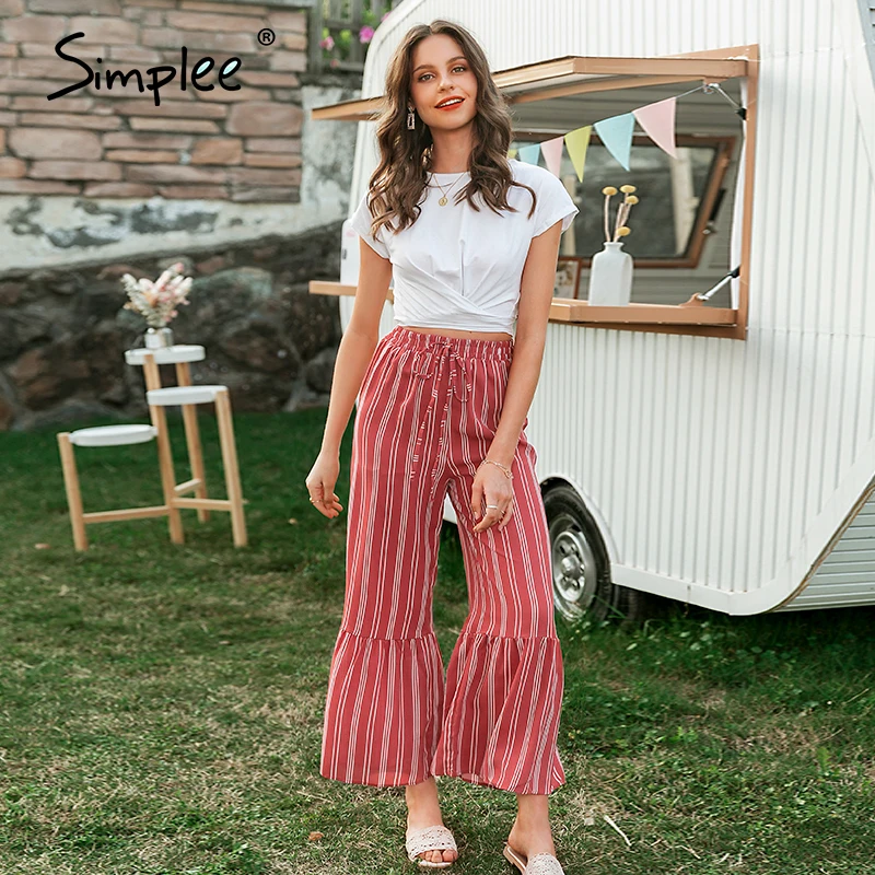 Женские полосатые длинные штаны Simlee элегантные повседневные эластичные брюки с