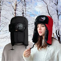 windproof thickened warm plush velvet ear protect fur hat with glasses women men fur bomber winter hat russia cap mask