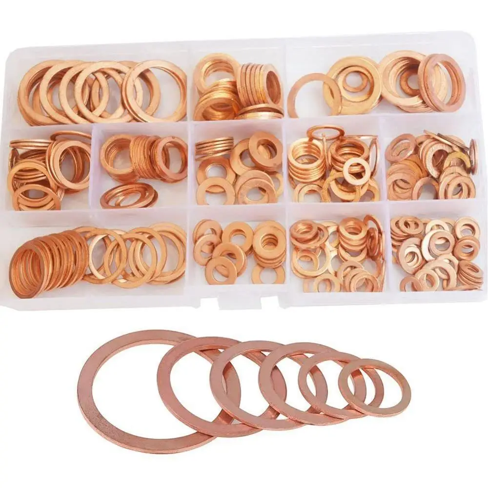 

200Pcs copper Washer Gasket Nut and Bolt Set Flat Ring Kit M5/M6/M8/M10/M12/M14 Plugs with Box For Sump Seal U5N9 Assortmen