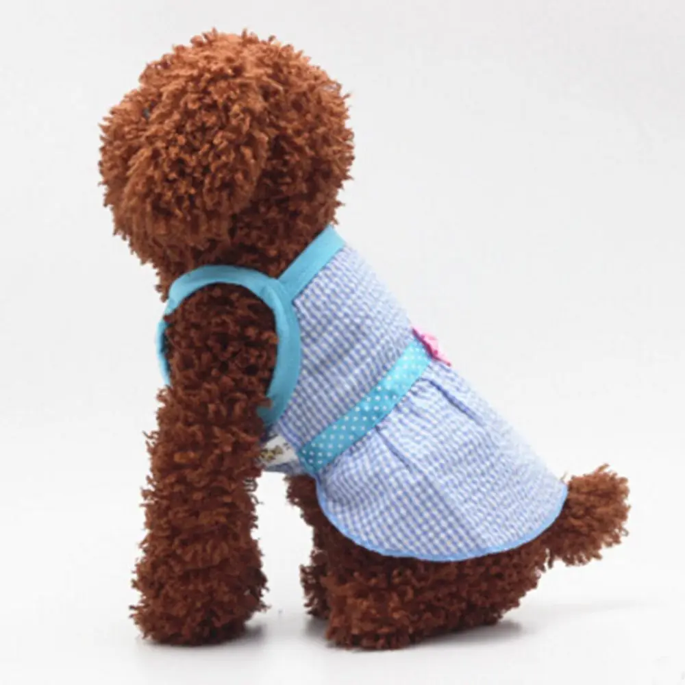 Teddy Pet Одежда принцессы для собак бант без рукавов решетки голубое розовое платье