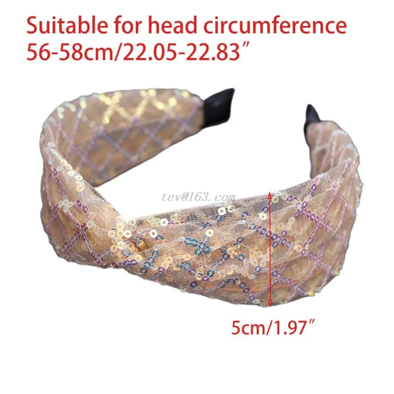 

Minimaist Women Girl Wide Headband Candy Color Lace Mesh Twist Knotted Hair Hoop Glitter Holographic Rhombus Sequins Turban Band