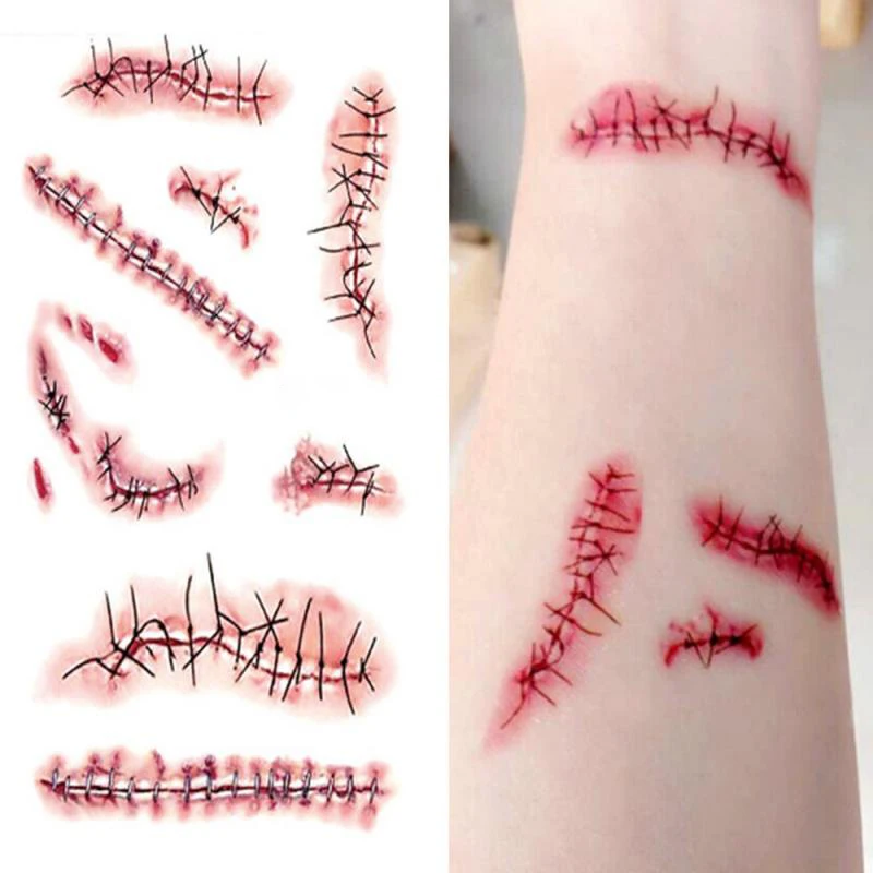 

Temporary Tattoo Stickers Non-toxic Long Lasting Halloween Terror Realistic Stitched Injuries Wounds Body Makeup Tattoo Stickers