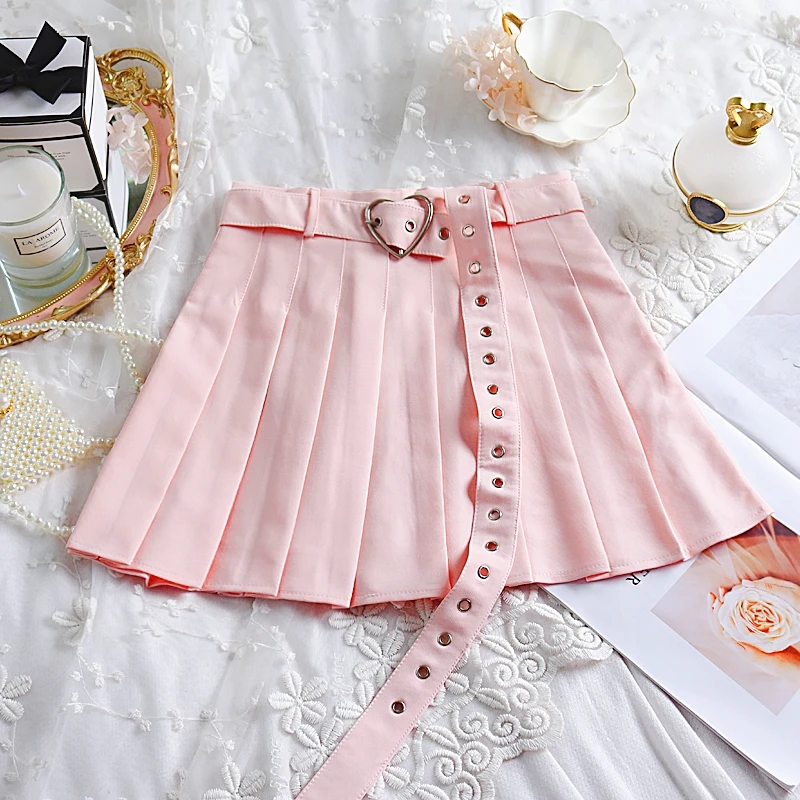 

2021 Spring Summer Women Japanese Cute Slim Joker Skirts High Waist Loving Heart Ring Belt Pleated Kawaii Skirts