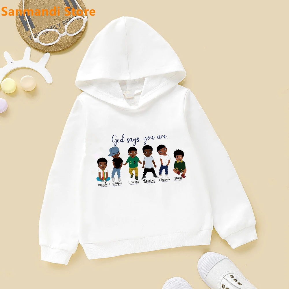 

God Says You Are African American Little Black Boys Print Graphic Hoodie Kids Hooded Sweatshirt Girl Winter Velvet Sport Clothes