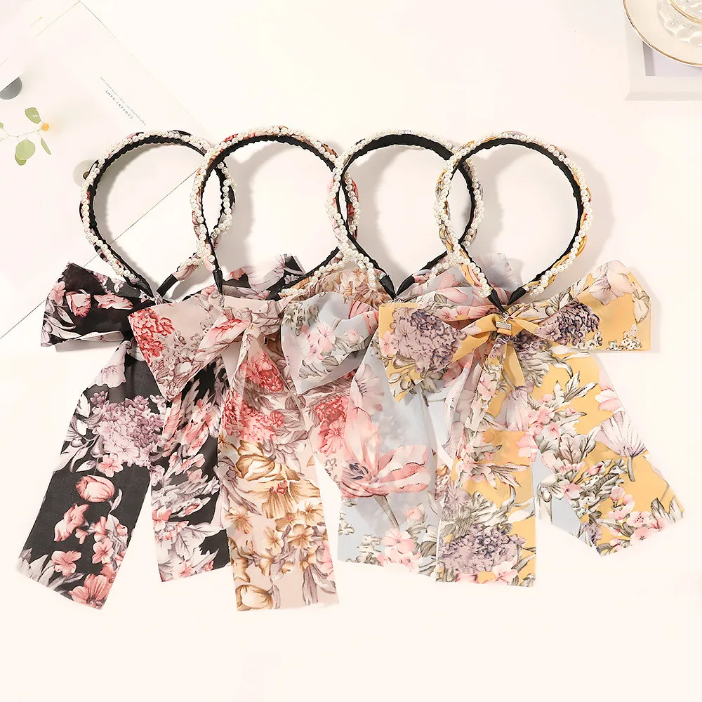 

New Fashion Ribbon Ponytail Hair Scrunchies DIY Winding Pearl Bow Tie Ribbon Headband Women Girls Hair Bands Hair Accessories